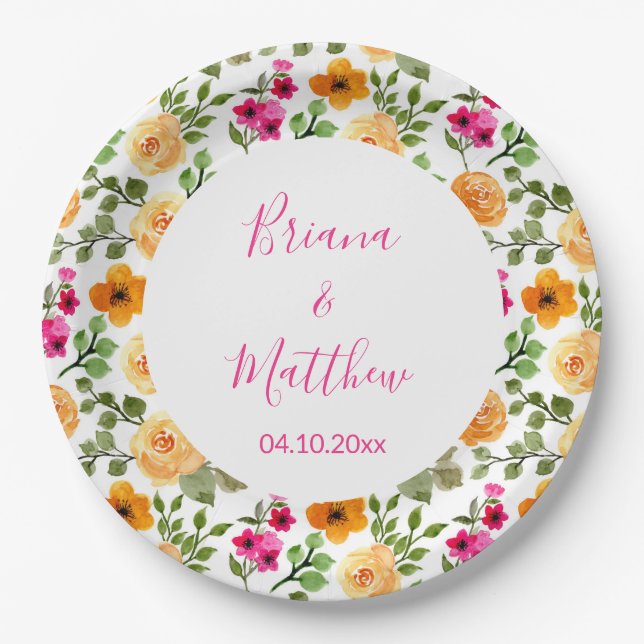 Pink Orange Floral Script Paper Plates (Front)