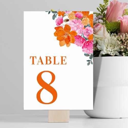 Pink  Orange Floral Summer Bloom Table 8 Wedding Table Number