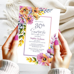 Pink Orange Floral Surprise 30th Birthday Party Invitation