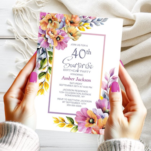 Pink Orange Floral Surprise 40th Birthday Party Invitation (Creator Uploaded)
