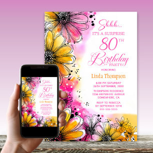 Pink Orange Floral Surprise 80th Birthday Party Invitation