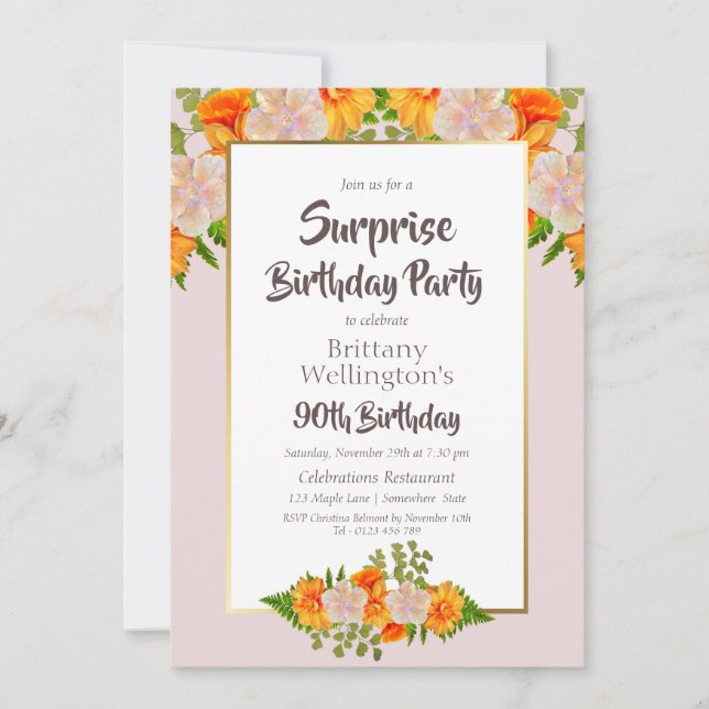 Pink Orange Floral Surprise 90th Birthday Party Invitation (Front)
