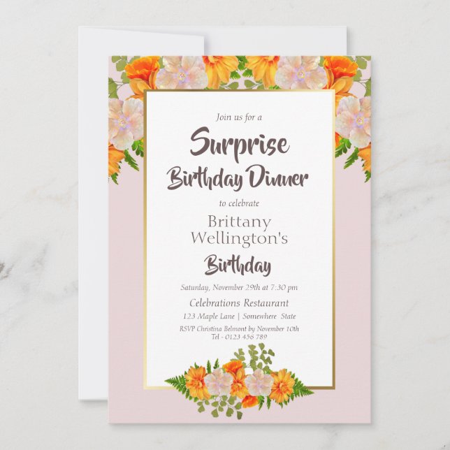 Pink Orange Floral Surprise Birthday Party Invitation (Front)