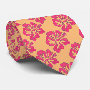 Pink Orange Floral Tropical Hibiscus Flower Tie