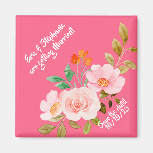 Pink Orange Floral Watercolor Wedding Magnet