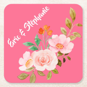 Pink Orange Floral Watercolor Wedding Square Paper Coaster