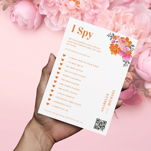 Pink  Orange Floral Wedding I Spy Hunt Game Card