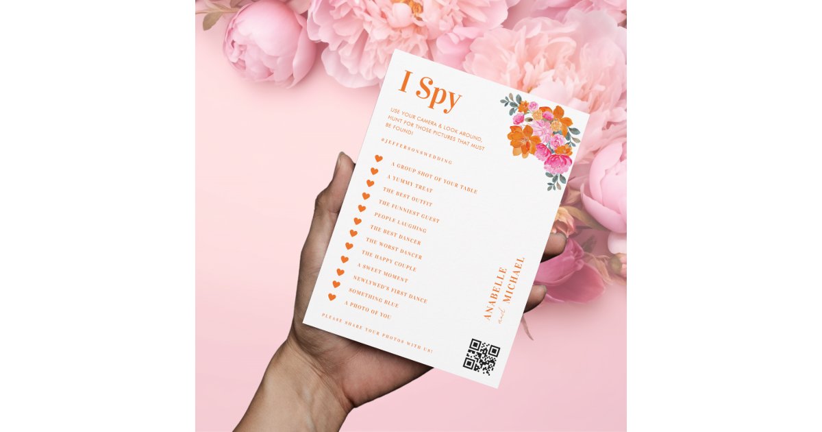 Pink & Orange Floral Wedding I Spy Hunt Game Card