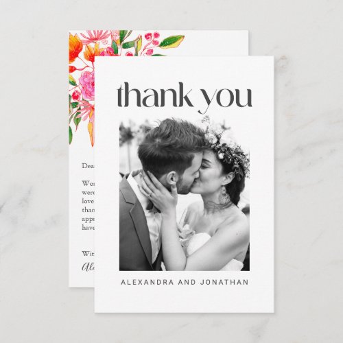 Pink Orange Floral Wedding Photo Editable Message  Thank You Card