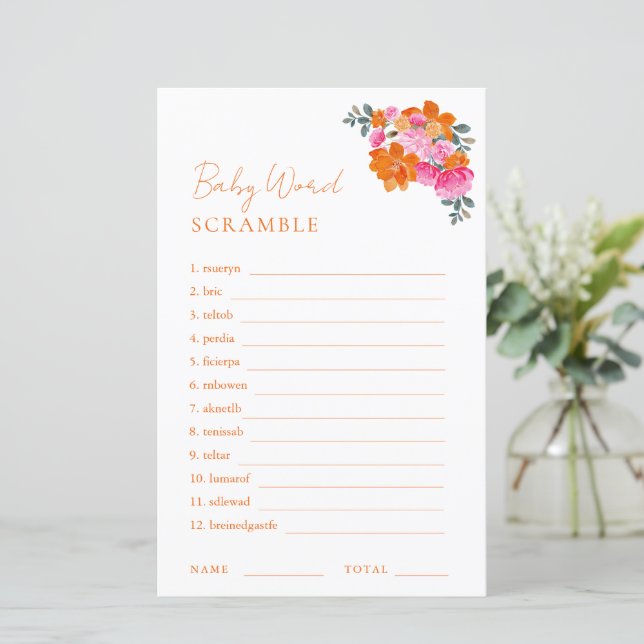 Pink Orange Floral Word Scramble Baby Shower Game (Standing Front)
