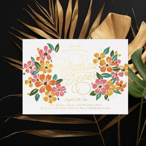 Pink Orange Florals Hand_Lettered Rehearsal Dinner Foil Invitation