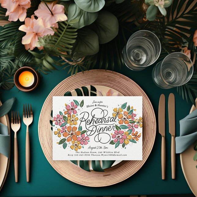 Pink Orange Florals Hand-Lettered Rehearsal Dinner Invitation (Creator Uploaded)