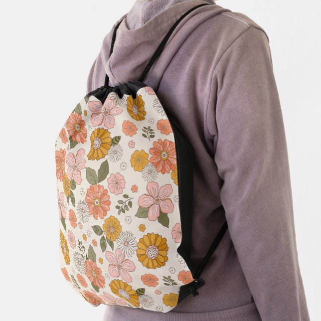 Pink & Orange Flower Garden Pattern Drawstring Bag (Insitu)
