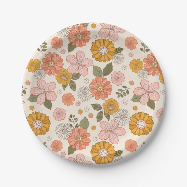 Pink & Orange Flower Garden Pattern Paper Plates (Front)