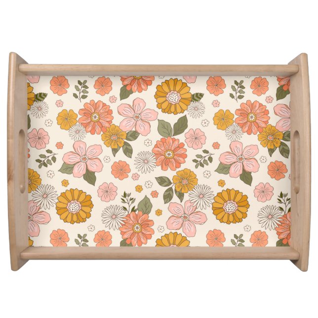 Pink & Orange Flower Garden Pattern Serving Tray (Front)
