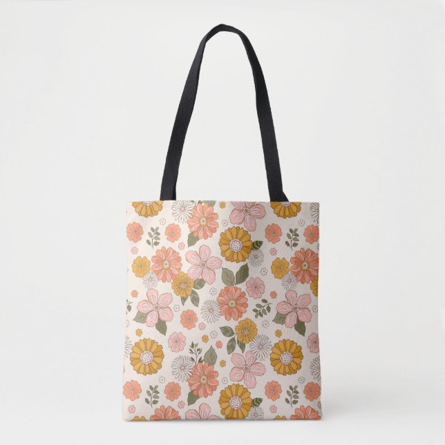 Pink & Orange Flower Garden Pattern Tote Bag (Front)