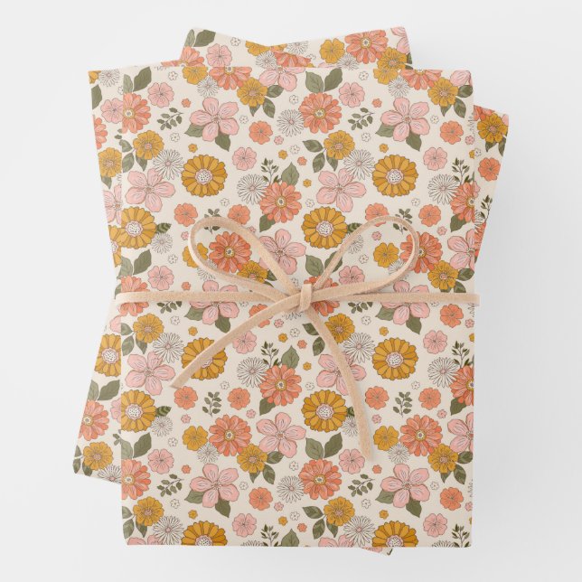 Pink & Orange Flower Garden Pattern Wrapping Paper Sheets (In situ)
