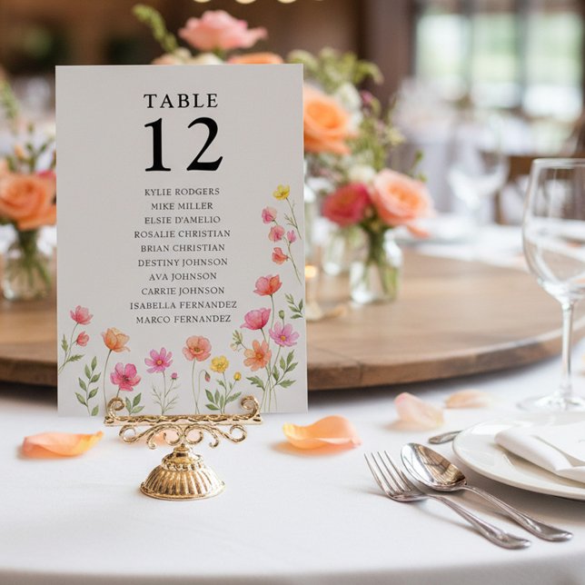 Pink Orange Flower Table Number Seating Chart Card (Table Number Seating Chart from the Wildflower Bloom wedding collection by Darling & May
)