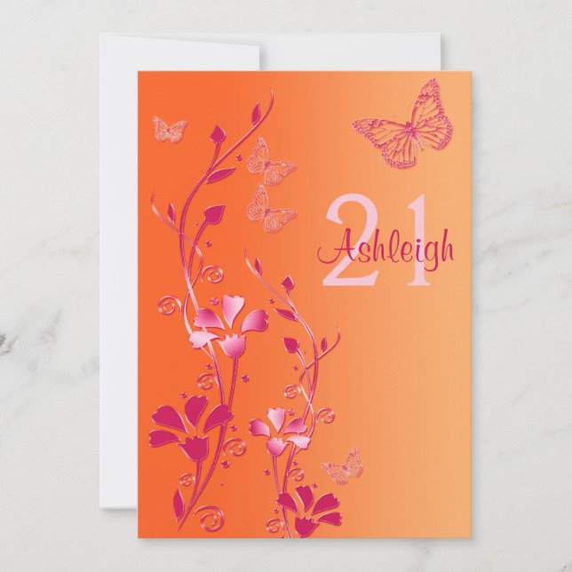 Pink, Orange Flowers & Butterflies 21st Birthday Invitation (Front)