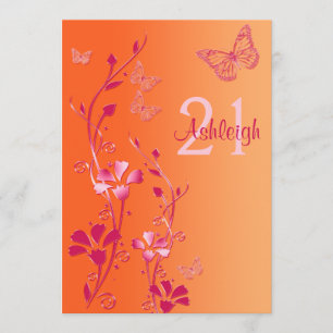 Pink, Orange Flowers & Butterflies 21st Birthday Invitation