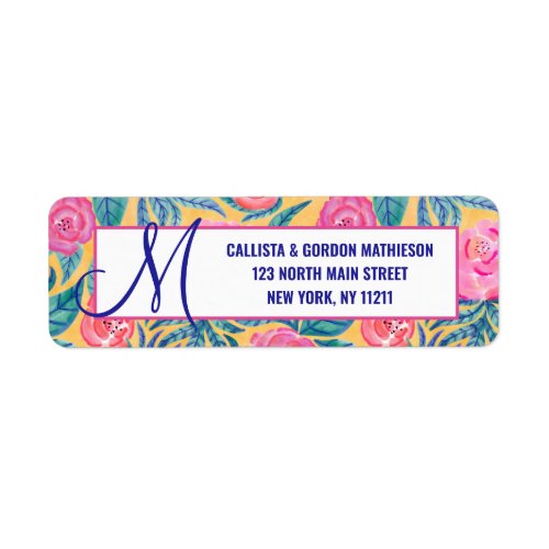 Pink Orange Flowers Leaves Watercolor Monogram Label