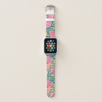 Pink Orange Flowers Leaves Watercolor Pattern Apple Watch Band by _LaFemme_ at Zazzle