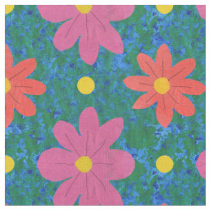 Pink Orange Flowers Polka Dots, Blue Green Fabric