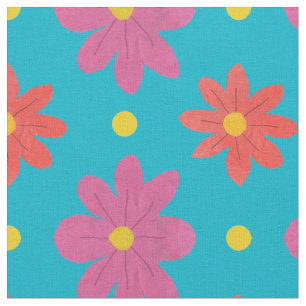 Pink Orange Flowers Polka Dots on Turquoise Fabric
