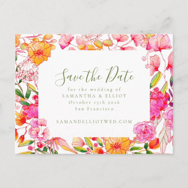 Pink Orange Flowers Wedding Budget Save the Date Postcard (Front)