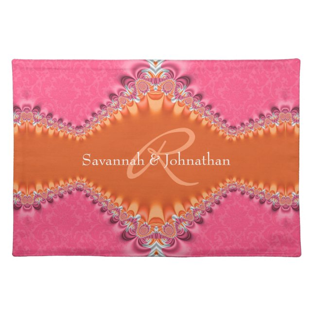 Pink Orange Frills Damask Monogrammed Place Mats (Front)