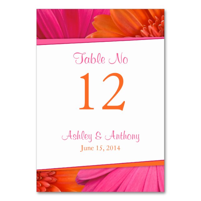 Pink Orange Gerbera Daisy Flower Wedding Table Number (Front)