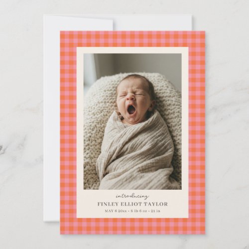 Pink Orange Gingham Check Newborn Photo Baby Birth Announcement