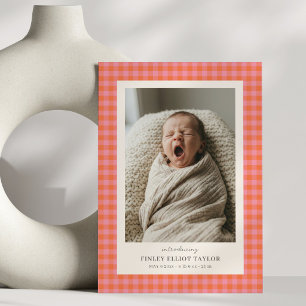 Pink Orange Gingham Check Newborn Photo Baby Birth Announcement