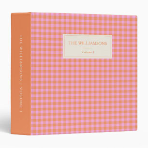 Pink Orange Gingham Cute Personalized Family Photo 3 Ring Binder