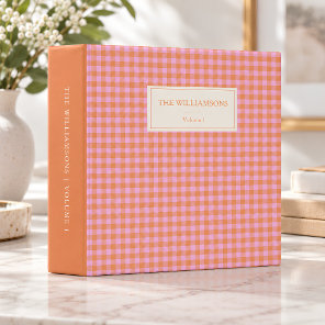 Pink Orange Gingham Cute Personalized Family Photo 3 Ring Binder