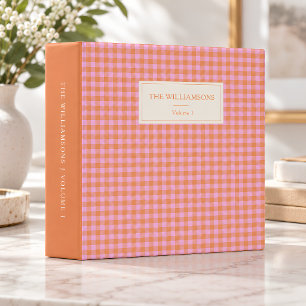 Pink Orange Gingham Cute Personalized Family Photo 3 Ring Binder