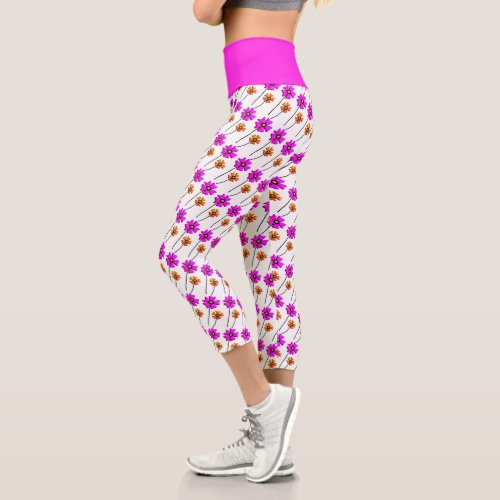 Pink Orange Girly Flower Pattern Capri Leggings