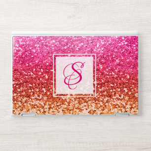 Pink Orange Glitter Script Monogram Trendy Girly HP Laptop Skin