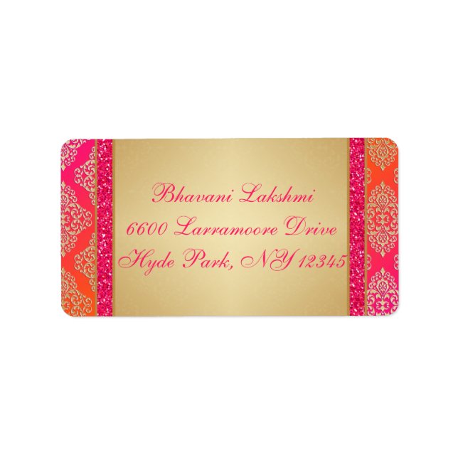 Pink Orange Gold Damask FAUX Glitter Address Label (Front)