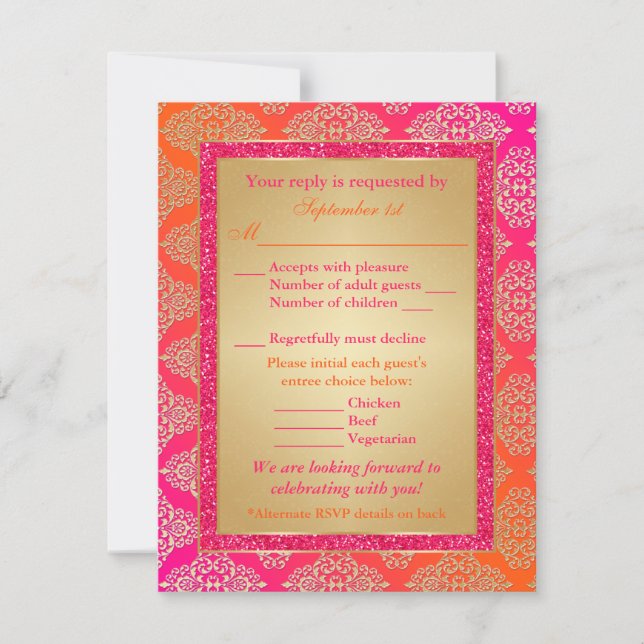 Pink, Orange, Gold FAUX Glitter RSVP Card (Front)