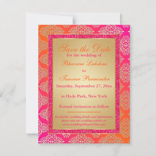 Pink, Orange, Gold FAUX Glitter Save the Date Invitation (Front)