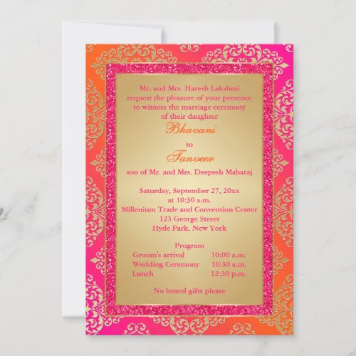 Pink Orange Gold FAUX Glitter Wedding Invite