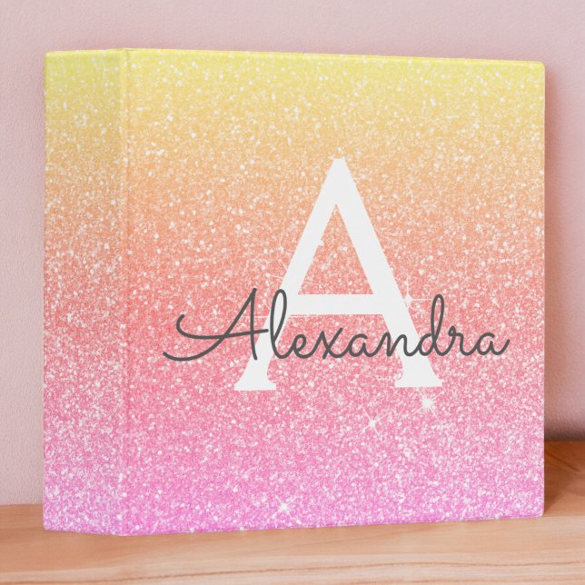Pink Orange Gold Glitter & Sparkle Monogram 3 Ring Binder (Creator Uploaded)