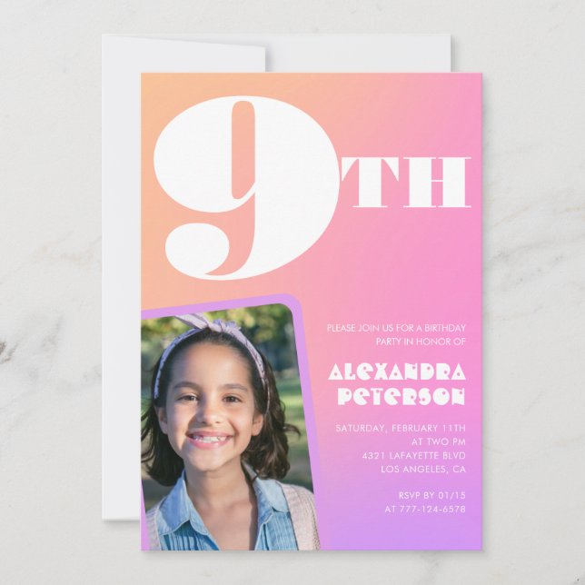 Pink Orange Gradient 9th birthday invitation Photo (Front)
