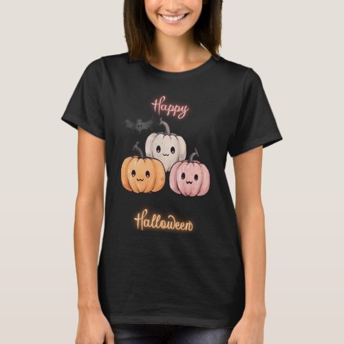 Pink Orange  Gray Pumpkins Black Happy Halloween T_Shirt