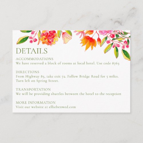 Pink Orange Green Floral Simple Wedding Details Enclosure Card