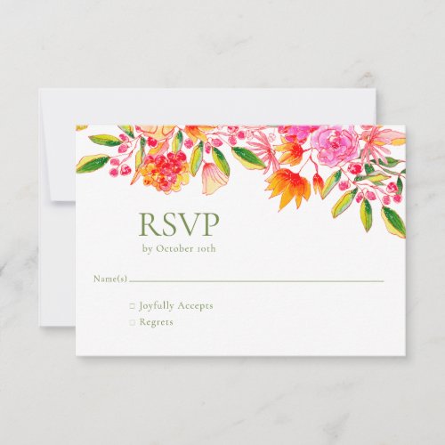 Pink Orange Green Floral Simple Wedding  RSVP Card