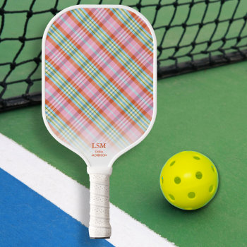 Pink Orange Green Plaid Pattern Custom Text Name Pickleball Paddle by colorfulgalshop at Zazzle