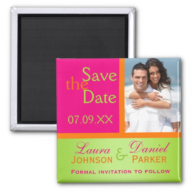 Pink Orange Green Save the Date Photo Magnet (Front)