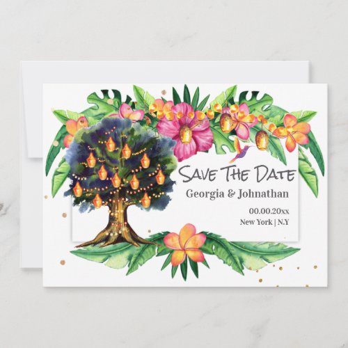 Pink orange green tropical string light tree save the date